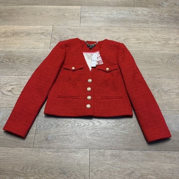 J. Crew V-Neck Lady Jacket in Maritime Tweed Festival Red NWT Size 0 BV211 - Picture 2 of 14
